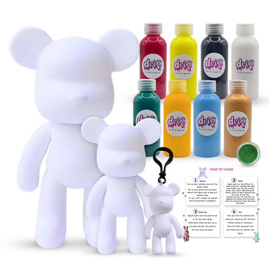 Bear Family Piggy Bank Kit β 33 cm DIY acrylic pour painting in βRainbow Splashβ colors, including 18 cm bear figurine, bear keychain, 8 vibrant 60 ml acrylic paints (rose-red, lemon-yellow, black, white, dark-green, orange, light-blue, gold), glitter, apron, gloves, table sheet, cups, pipette, spoon, and paintbrush for a fun, mess-free creative gift.