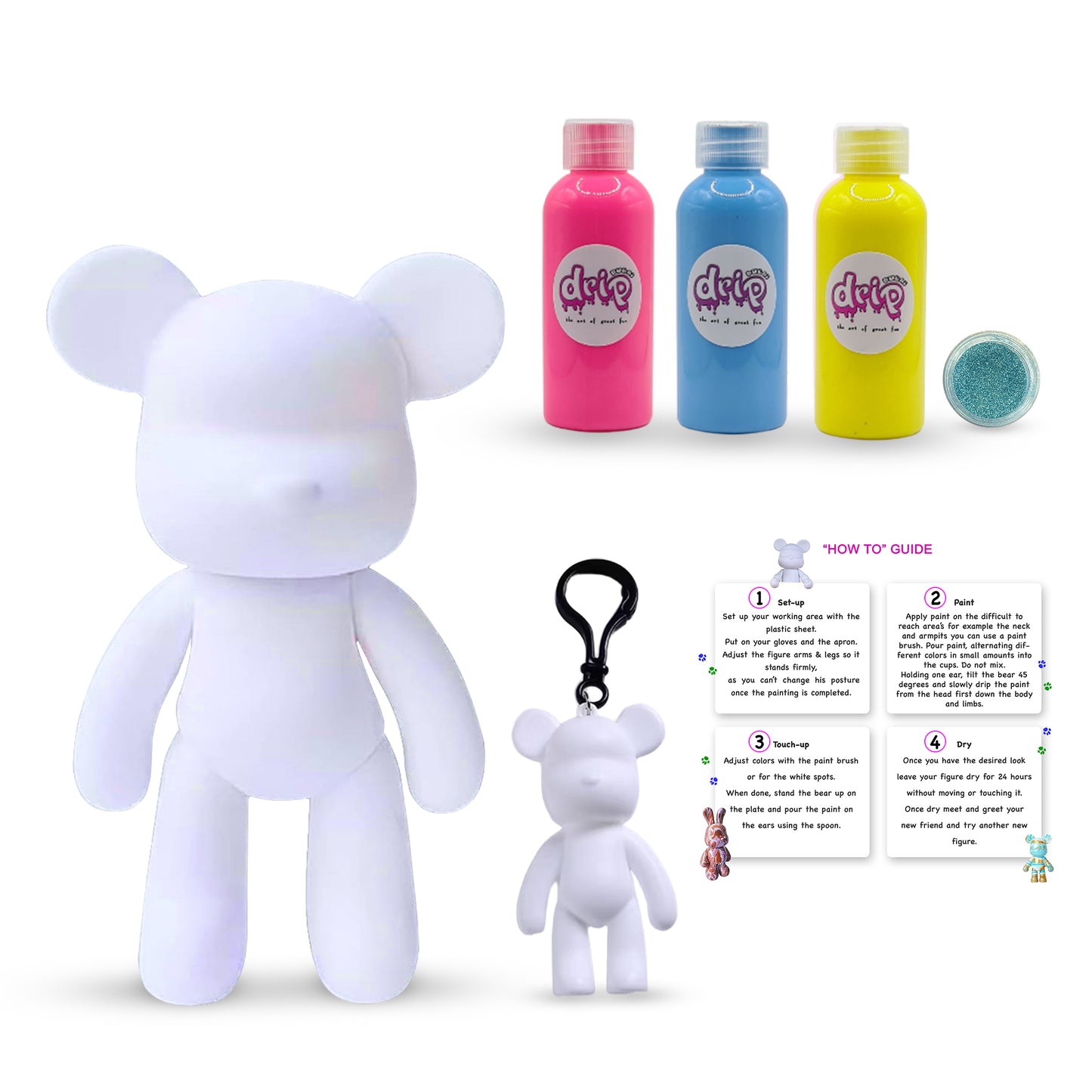 “Bear  Kit – 23 cm ‘Confetti Funt’ DIY acrylic pouring paint set with shimmering silver accents; includes 23 cm bear piggy‑bank figure, three 60 ml acrylic paints (Florissant Pink, Light Blue and Lemon Yellow ), glitter for sparkling finishes, plus apron, gloves, table sheet (mess-free setup), clear cups, plate, pipette, spoon, and paintbrush—ideal for quick, mess-free creative fun and thoughtful gifting for Ramadan, Eid, birthdays, housewarmings, gender reveals, or baby showers.”