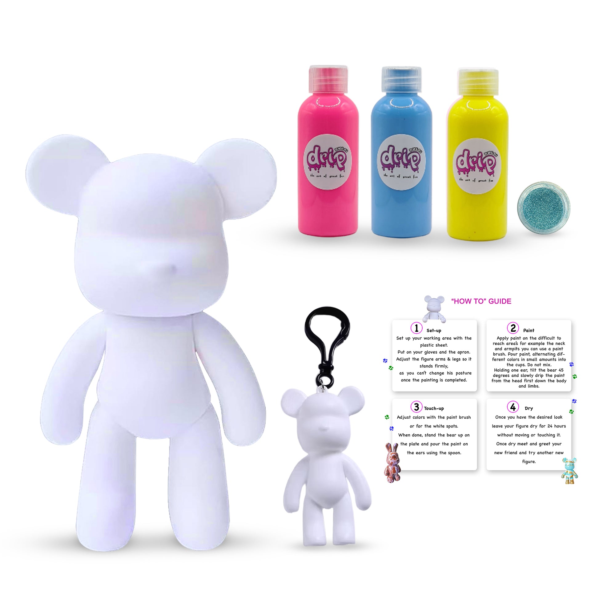 “Bear  Kit – 23 cm ‘Confetti Funt’ DIY acrylic pouring paint set with shimmering silver accents; includes 23 cm bear piggy‑bank figure, three 60 ml acrylic paints (Florissant Pink, Light Blue and Lemon Yellow ), glitter for sparkling finishes, plus apron, gloves, table sheet (mess-free setup), clear cups, plate, pipette, spoon, and paintbrush—ideal for quick, mess-free creative fun and thoughtful gifting for Ramadan, Eid, birthdays, housewarmings, gender reveals, or baby showers.”