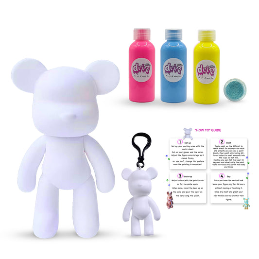 βBear  Kit β 23β―cm βConfetti Funtβ DIY acrylic pouring paint set with shimmering silver accents; includes 23β―cm bear piggyβbank figure, three 60β―ml acrylic paints (Florissant Pink, Light Blue and Lemon Yellow ), glitter for sparkling finishes, plus apron, gloves, table sheet (mess-free setup), clear cups, plate, pipette, spoon, and paintbrushβideal for quick, mess-free creative fun and thoughtful gifting for Ramadan, Eid, birthdays, housewarmings, gender reveals, or baby showers.β