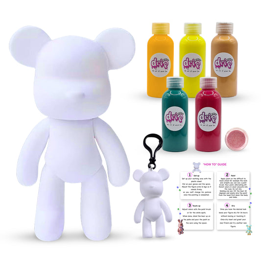 Bear Piggy Bank Kit β 33 cm βSunset Gardenβ DIY acrylic flow set with shimmering silver accent; includes 33 cm bear piggy-bank figure, five 60 ml acrylic paints (Orange, Lemon-Yellow, Gold, Dark-Green, Rose-Red), glitter for sparkling finishes, plus apron, gloves, table sheet, clear cups, plate, pipette, spoon, and paintbrushβfor a mess-free creative experience and gift-ready craft project.