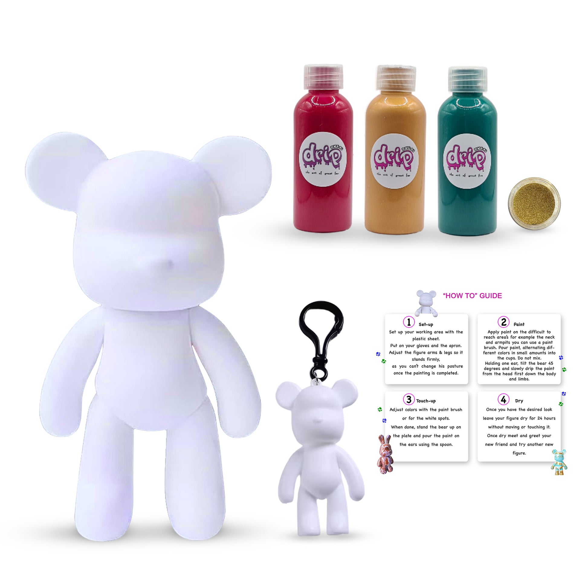 23 cm DIY bear-shaped acrylic-pour kit in jewel-tone palette (rose-red, gold, dark-green) with toy keychain and glitter set – from Dubai Drip Art