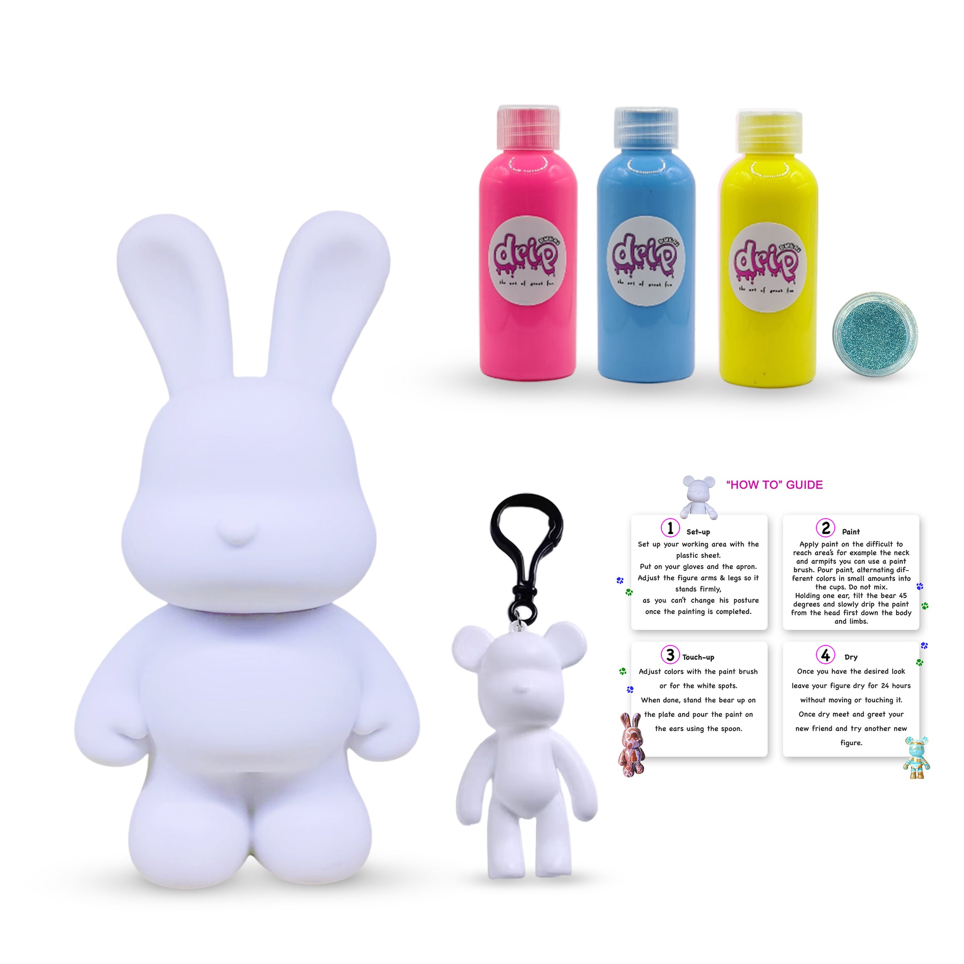 “Bunny  Kit – 23 cm ‘Confetti Funt’ DIY acrylic pouring paint set with shimmering silver accents; includes 23 cm bear piggy‑bank figure, three 60 ml acrylic paints (Florissant Pink, Light Blue and Lemon Yellow ), glitter for sparkling finishes, plus apron, gloves, table sheet (mess-free setup), clear cups, plate, pipette, spoon, and paintbrush—ideal for quick, mess-free creative fun and thoughtful gifting for Ramadan, Eid, birthdays, housewarmings, gender reveals, or baby showers.”