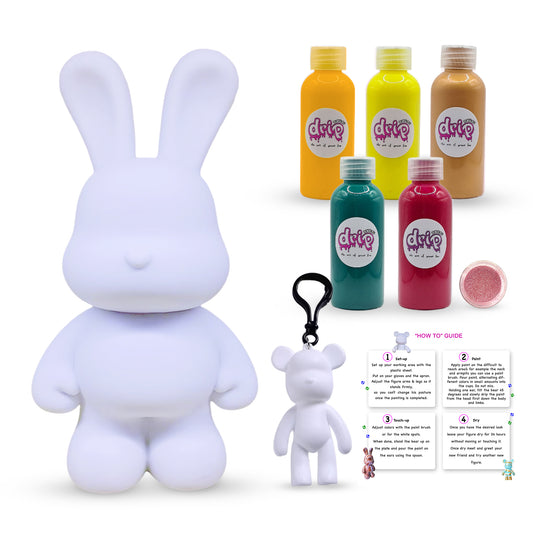 Bunny Piggy Bank Kit β 33 cm βSunset Gardenβ DIY acrylic flow set with shimmering silver accent; includes 33 cm bunny piggy-bank figure, five 60 ml acrylic paints (Orange, Lemon-Yellow, Gold, Dark-Green, Rose-Red), glitter for sparkling finishing touches, plus apron, gloves, table sheet, clear cups, plate, pipette, spoon, and paintbrushβfor a quick, mess-free creative pour experience and ready-to-gift fun for workshops, Ramadan, Eid, birthdays, housewarmings, gender reveals, or baby showers.