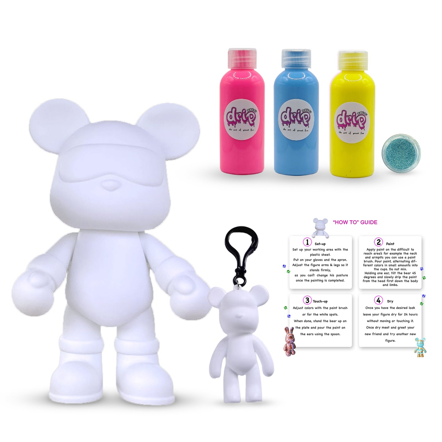 “ Cool Bear  Kit – 23 cm ‘Confetti Funt’ DIY acrylic pouring paint set with shimmering silver accents; includes 23 cm bear piggy‑bank figure, three 60 ml acrylic paints (Florissant Pink, Light Blue and Lemon Yellow ), glitter for sparkling finishes, plus apron, gloves, table sheet (mess-free setup), clear cups, plate, pipette, spoon, and paintbrush—ideal for quick, mess-free creative fun and thoughtful gifting for Ramadan, Eid, birthdays, housewarmings, gender reveals, or baby showers.”