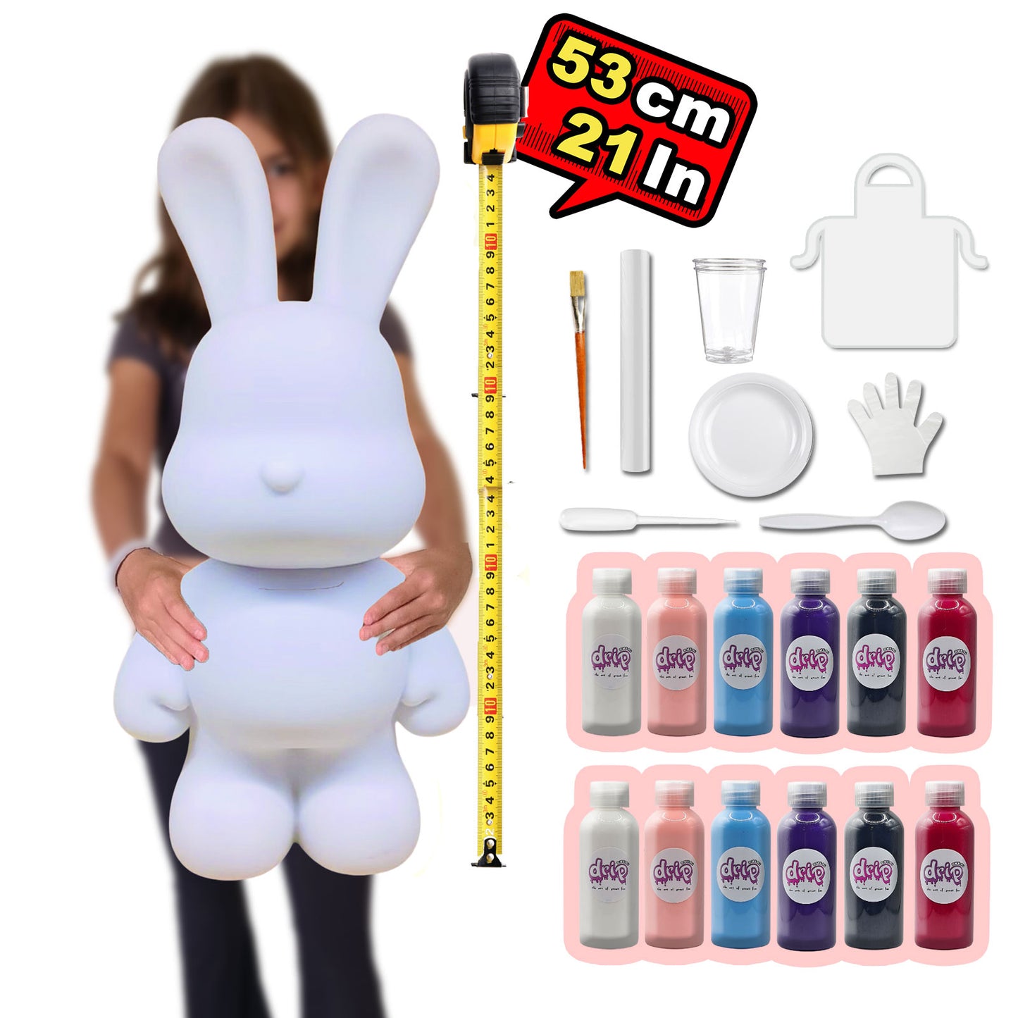 Bunny Piggy Bank Kit – 53 cm “Whirl and Swirl” DIY acrylic pour set with shimmering silver accents; includes bunny piggy-bank figure, 12 × 60 ml acrylic paints (white, light-pink, light-blue, dark-purple, black, rose-red), glitter, apron, gloves, table sheet, clear cups, plate, pipette, spoon, and paintbrush for mess-free creative fun and gifting.