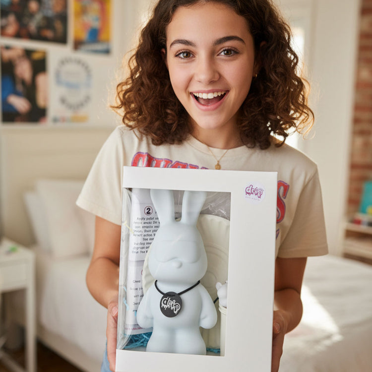 Must have DubaiDripArt™ Cool Bunny figurine with bright fluid-art pouring paints gift box set