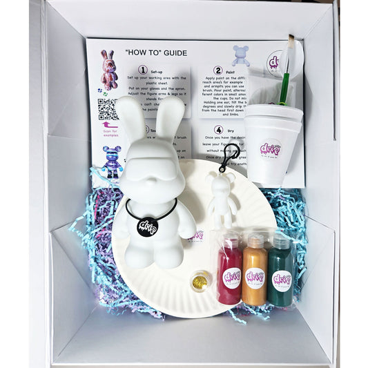 DIY Fluid Acrylic Pouring Paint COOL-BUNNY Happiness 23cm Piggy Bank Kit + Toy Keychain and Glitter: Rose-Red, Gold, Dark-Green.
