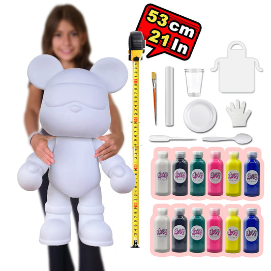 Cool Bear Piggy Bank Kit – 53 cm “Twinkle Tim” DIY acrylic pour set with shimmering silver accent, includes one 22-inch bear figure, 12 × 60 ml paints (white, black, blue-green, fluorescent pink, orange, dark blue), glitter, apron, gloves, table sheet, clear cups, plate, pipette, spoon, and paintbrush—perfect for creative fun, gifts, and social crafting.
