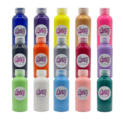 Vibrant array of colorful acrylic fluid pouring paints and pigments, blending in dynamic swirls, ready to be used for a creative PVC bear mold sculpture. The rich, flowing colors create a striking and artistic visual effect, perfect for unique, handcrafted designs.