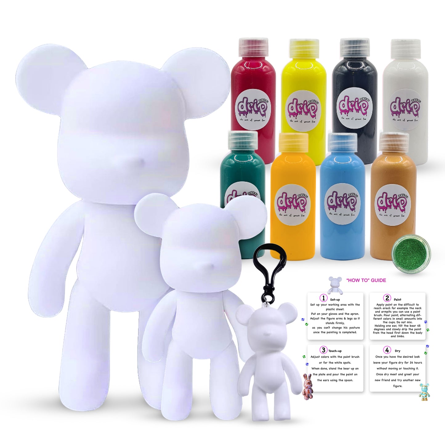 Bear Family Piggy Bank Kit – 33 cm DIY acrylic pour painting in “Rainbow Splash” colors, including 18 cm bear figurine, bear keychain, 8 vibrant 60 ml acrylic paints (rose-red, lemon-yellow, black, white, dark-green, orange, light-blue, gold), glitter, apron, gloves, table sheet, cups, pipette, spoon, and paintbrush for a fun, mess-free creative gift.