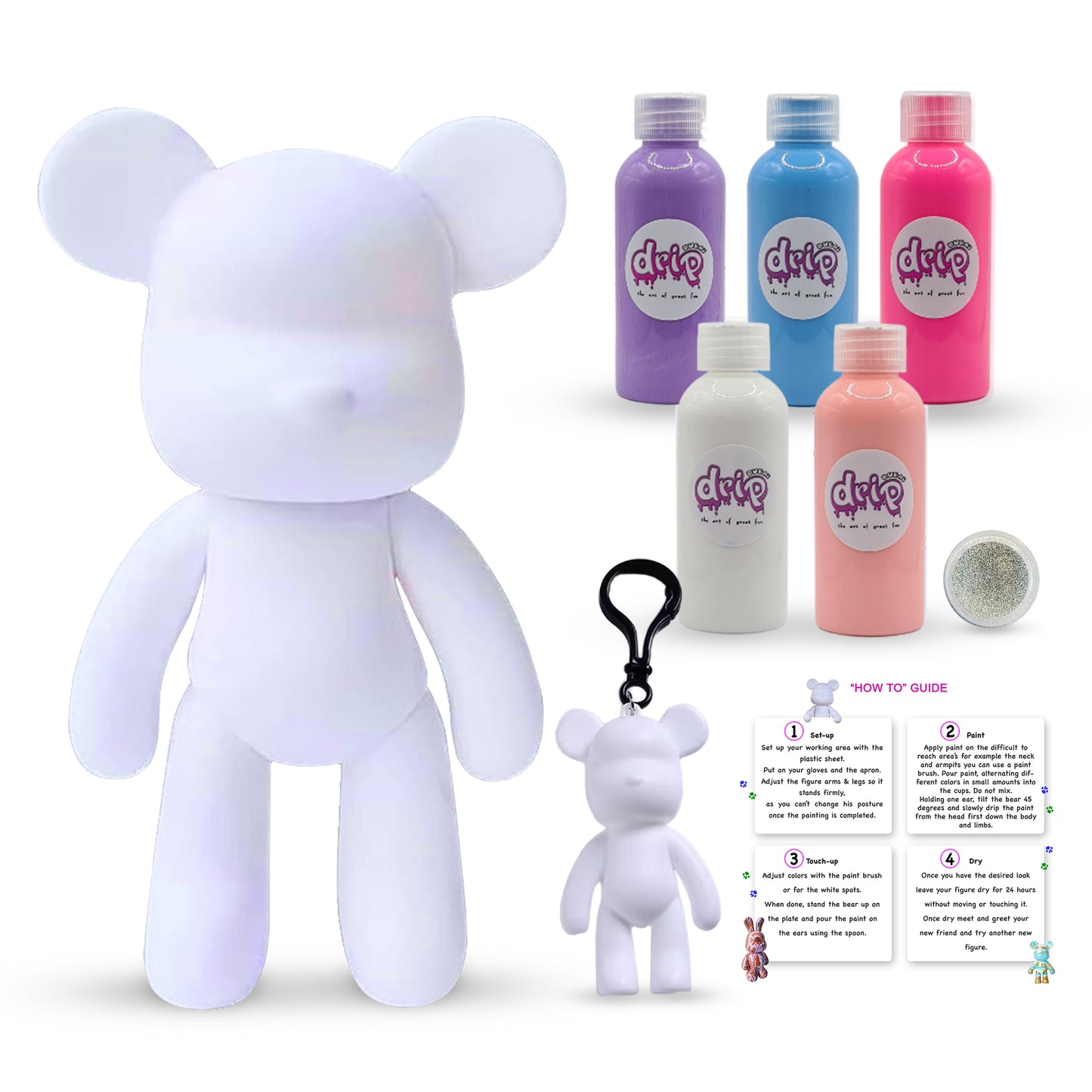 Bear Piggy Bank Kit – 33 cm “Cotton Candy” DIY acrylic flow set with shimmering silver accent; includes 33 cm bear piggy-bank figurine, five 60 ml acrylic paints (purple, light-blue, fluorescent-pink, white, light-pink), glitter, apron, gloves, table sheet, clear cups, plate, pipette, spoon, and paintbrush—ideal for quick, mess-free creative fun and as a memorable gift for Ramadan, Eid, birthdays, or baby showers.
