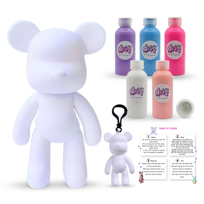 Bear Piggy Bank Kit – 33 cm “Cotton Candy” DIY acrylic flow set with shimmering silver accent; includes 33 cm bear piggy-bank figurine, five 60 ml acrylic paints (purple, light-blue, fluorescent-pink, white, light-pink), glitter, apron, gloves, table sheet, clear cups, plate, pipette, spoon, and paintbrush—ideal for quick, mess-free creative fun and as a memorable gift for Ramadan, Eid, birthdays, or baby showers.
