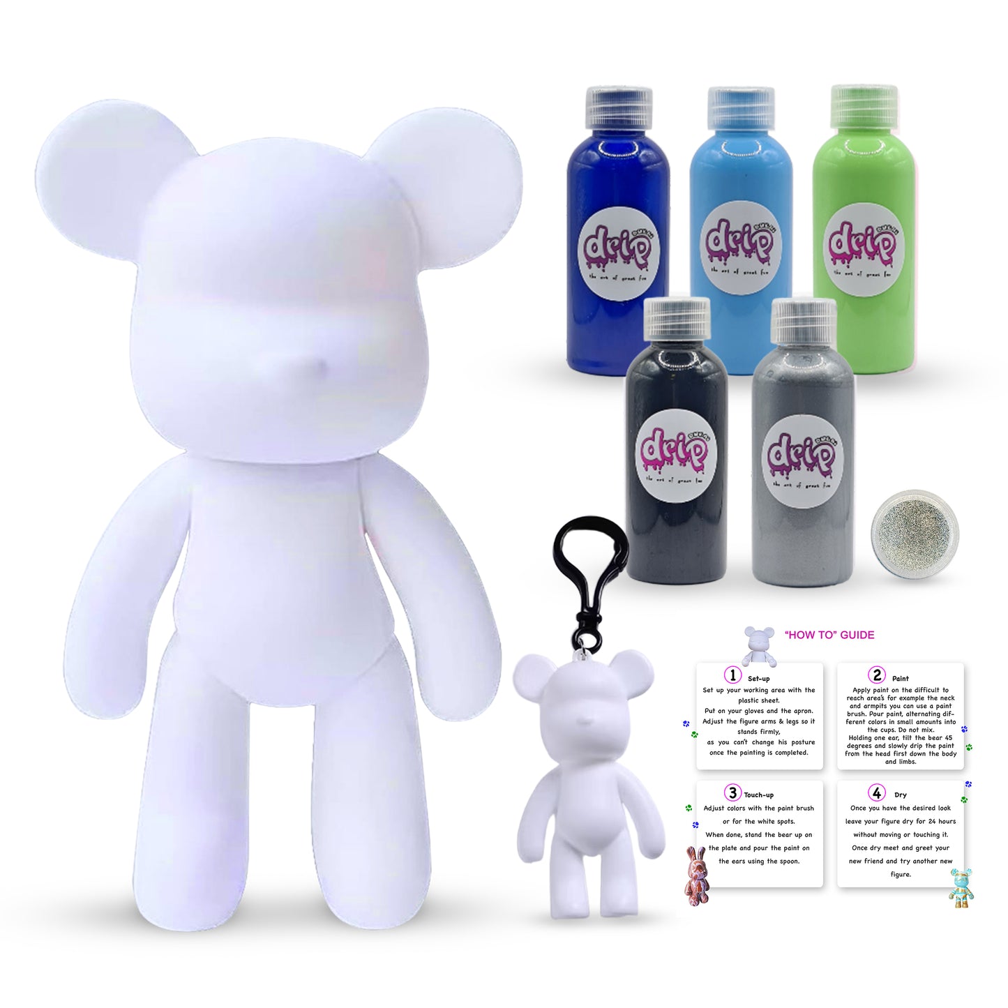 Bear Piggy Bank Kit – 33 cm “Mystic Ocean” DIY acrylic flow set with shimmering silver accent; includes 33 cm bear piggy-bank figure, five 60 ml acrylic paints (Dark-Blue, Light-Blue, Mint-Green, Black, Silver), glitter, apron, gloves, table sheet, clear cups, plate, pipette, spoon, and paintbrush—perfect for quick, mess-free creative fun and ready for gifting on Ramadan, Eid, birthdays, housewarmings, or baby showers.
