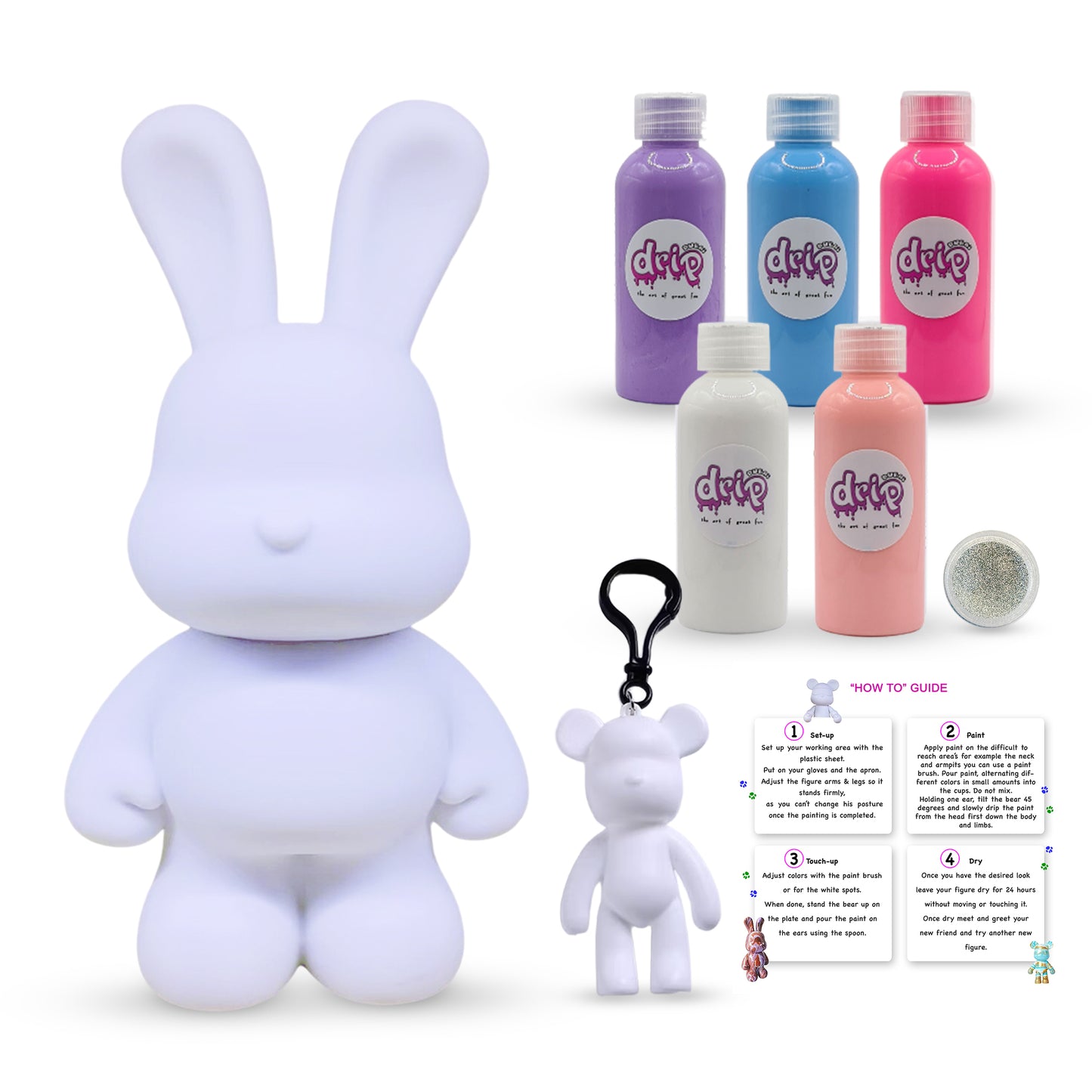 Bunny Piggy Bank Kit – 33 cm “Cotton Candy” DIY acrylic flow set with shimmering silver accent; includes 33 cm bunny piggy-bank figure, five 60 ml acrylic paints (purple, light-blue, fluorescent-pink, white, light-pink), glitter, apron, gloves, table sheet, clear cups, plate, pipette, spoon, and paintbrush—ideal for quick, mess-free creative fun and thoughtful gifting for Ramadan, Eid, birthdays, housewarmings, gender reveals, or baby showers.
