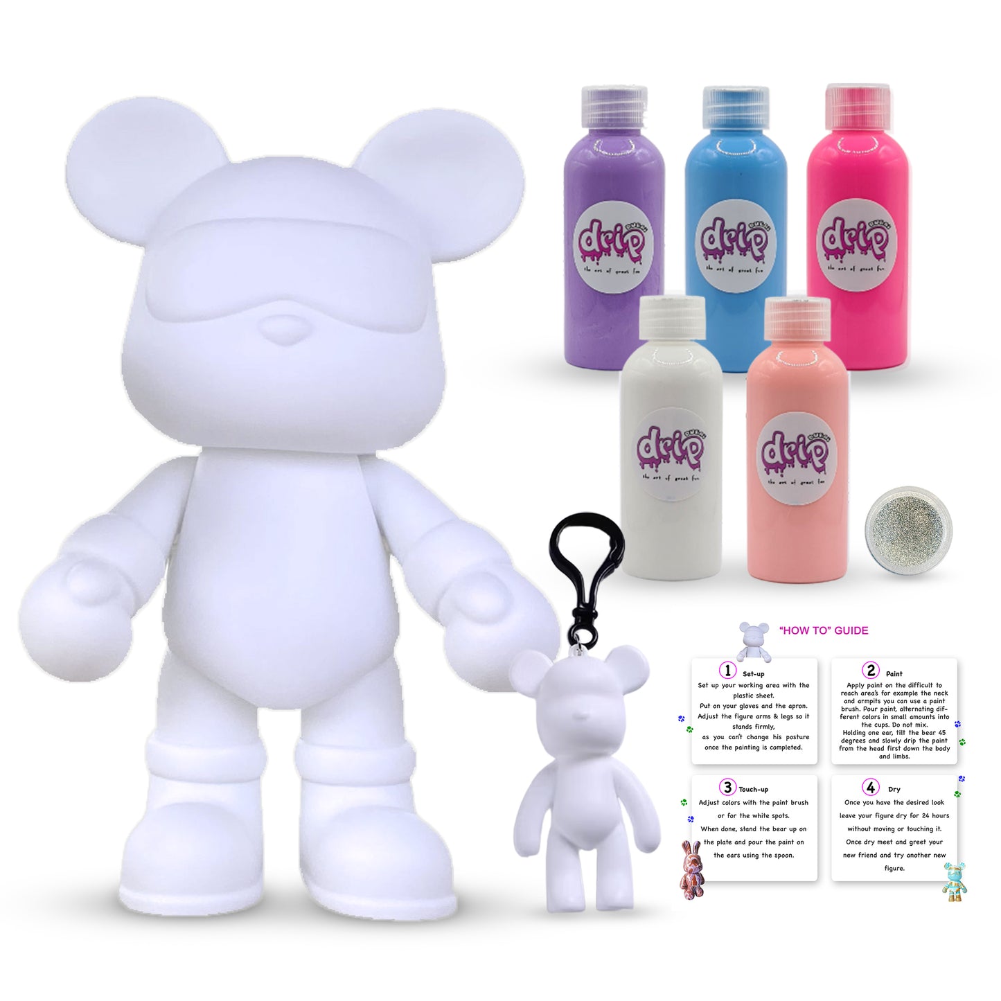 “Cool Bear Piggy Bank Kit – 33 cm ‘Cotton Candy’ DIY acrylic pour set with shimmering silver accents; includes 33 cm bear piggy‑bank figure, five 60 ml acrylic paints (Purple, Light-Blue, Fluorescent-Pink, White, Light-Pink), glitter for sparkling finishes, plus apron, gloves, table sheet, clear cups, plate, pipette, spoon, and paintbrush—ideal for quick, mess‑free creative fun and thoughtful gifting for Ramadan, Eid, birthdays, housewarmings, gender reveals, or baby showers.”