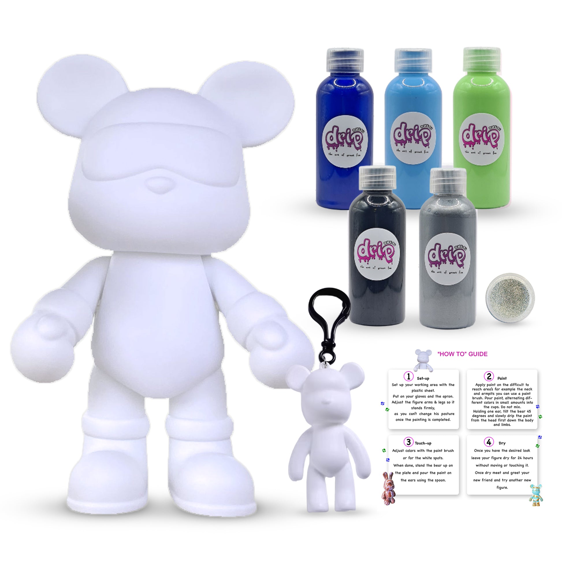 “Cool Bear Piggy Bank Kit – 33 cm ‘Cotton Candy’ DIY acrylic pour set with shimmering silver accents; includes 33 cm bear piggy‑bank figure, five 60 ml acrylic paints (Purple, Light-Blue, Fluorescent-Pink, White, Light-Pink), glitter for sparkling finishes, plus apron, gloves, table sheet, clear cups, plate, pipette, spoon, and paintbrush—ideal for quick, mess‑free creative fun and thoughtful gifting for Ramadan, Eid, birthdays, housewarmings, gender reveals, or baby showers.”