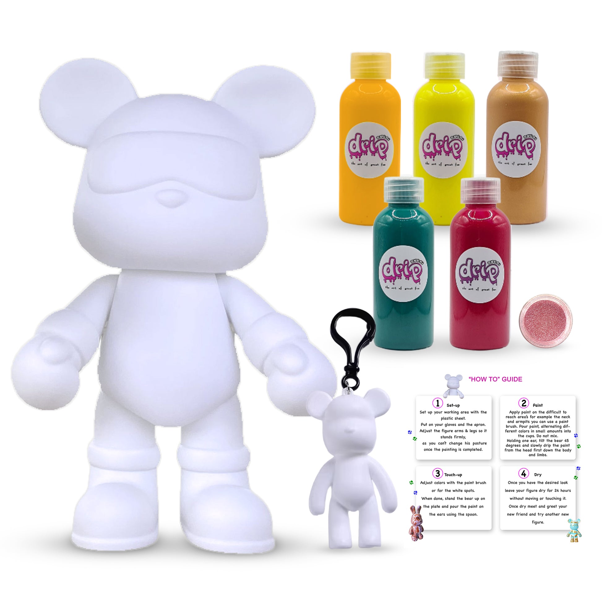 “Cool Bear Piggy Bank Kit – 33 cm ‘Sunset Garden’ DIY acrylic flow set with shimmering silver accent; includes 33 cm bear piggy‑bank figure, five 60 ml acrylic paints (Orange, Lemon‑Yellow, Gold, Dark‑Green, Rose‑Red), glitter, apron, gloves, table sheet, clear cups, plate, pipette, spoon, and paintbrush—ideal for quick, mess‑free creative fun and thoughtful gifting for Ramadan, Eid, birthdays, housewarmings, gender reveals, or baby showers.”