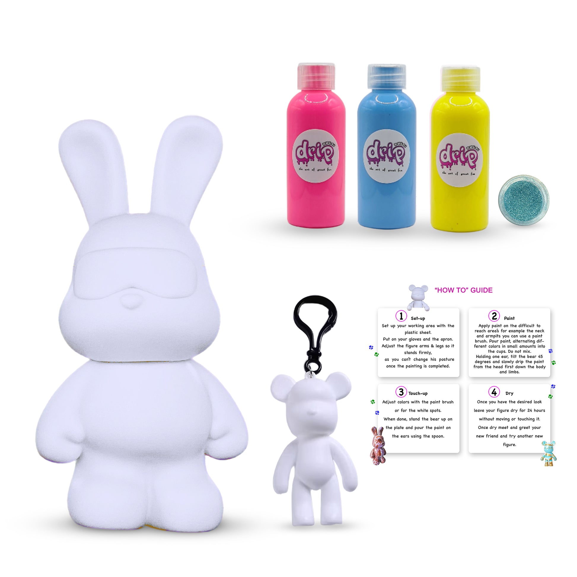 “Cool Bunny  Kit – 23 cm ‘Confetti Funt’ DIY acrylic pouring paint set with shimmering silver accents; includes 23 cm bear piggy‑bank figure, three 60 ml acrylic paints (Florissant Pink, Light Blue and Lemon Yellow ), glitter for sparkling finishes, plus apron, gloves, table sheet (mess-free setup), clear cups, plate, pipette, spoon, and paintbrush—ideal for quick, mess-free creative fun and thoughtful gifting for Ramadan, Eid, birthdays, housewarmings, gender reveals, or baby showers.”