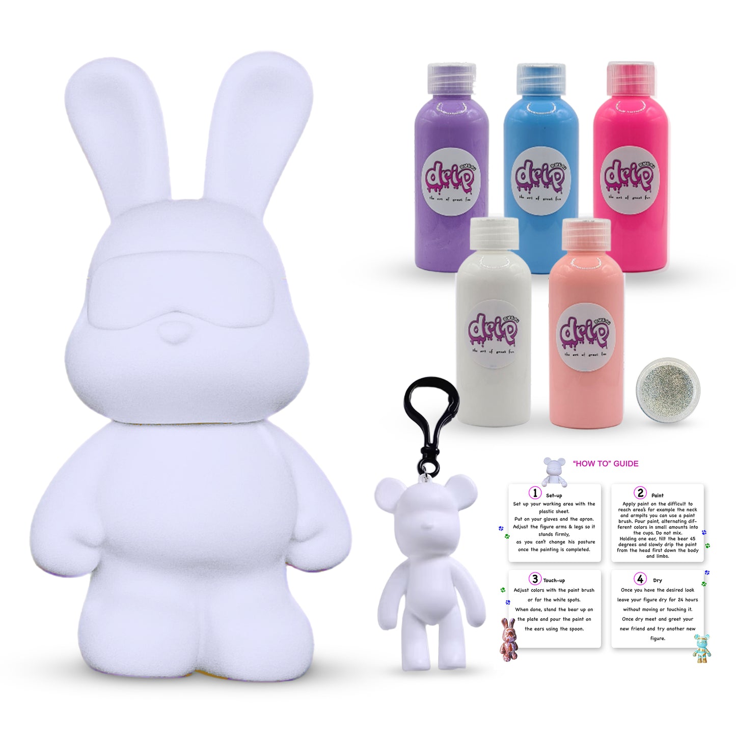 “Cool Bunny Piggy Bank Kit – 33 cm ‘Sunset Garden’ DIY acrylic pour set with shimmering silver accents; includes 33 cm bunny piggy‑bank figure, five 60 ml acrylic paints (Orange, Lemon‑Yellow, Gold, Dark‑Green, Rose‑Red), glitter for sparkling finishes, plus apron, gloves, table sheet, clear cups, plate, pipette, spoon, and paintbrush—ideal for quick, mess‑free creative fun and thoughtful gifting for Ramadan, Eid, birthdays, housewarmings, gender reveals, or baby showers.”