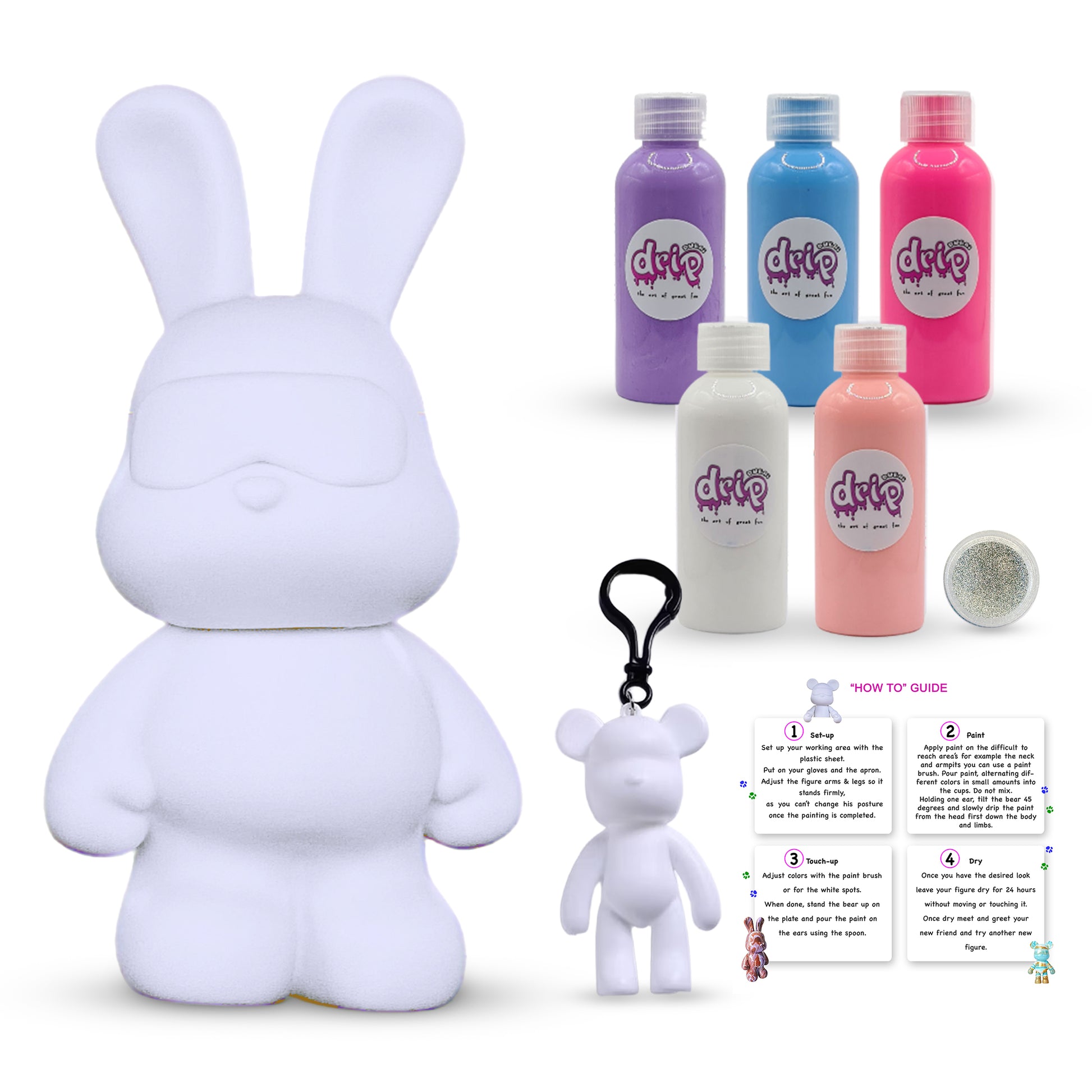 “Cool Bunny Piggy Bank Kit – 33 cm ‘Sunset Garden’ DIY acrylic pour set with shimmering silver accents; includes 33 cm bunny piggy‑bank figure, five 60 ml acrylic paints (Orange, Lemon‑Yellow, Gold, Dark‑Green, Rose‑Red), glitter for sparkling finishes, plus apron, gloves, table sheet, clear cups, plate, pipette, spoon, and paintbrush—ideal for quick, mess‑free creative fun and thoughtful gifting for Ramadan, Eid, birthdays, housewarmings, gender reveals, or baby showers.”