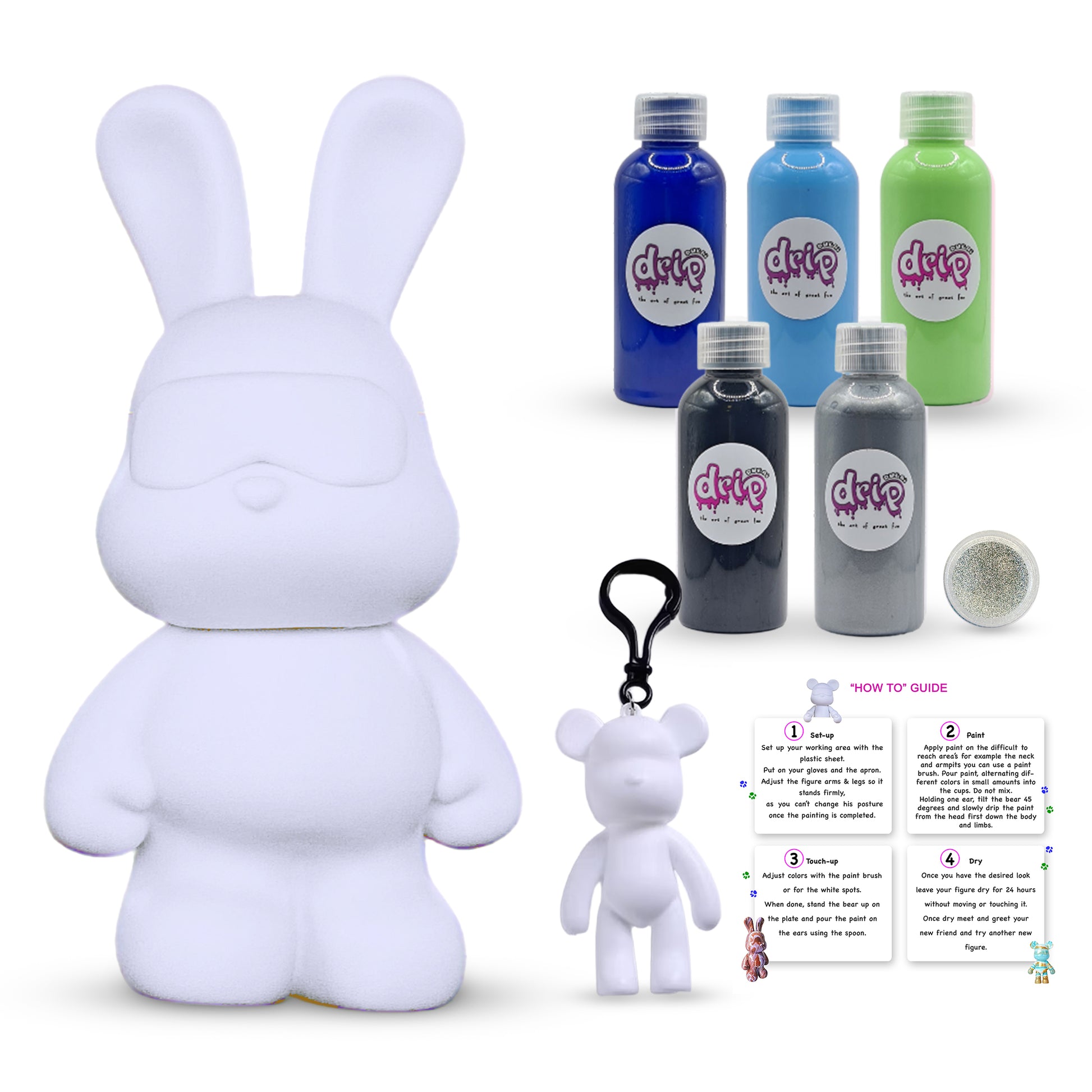 “Cool Bunny Piggy Bank Kit – 33 cm ‘Sunset Garden’ DIY acrylic pour set with shimmering silver accents; includes 33 cm bunny piggy‑bank figure, five 60 ml acrylic paints (Orange, Lemon‑Yellow, Gold, Dark‑Green, Rose‑Red), glitter for sparkling finishes, plus apron, gloves, table sheet, clear cups, plate, pipette, spoon, and paintbrush—ideal for quick, mess‑free creative fun and thoughtful gifting for Ramadan, Eid, birthdays, housewarmings, gender reveals, or baby showers.”