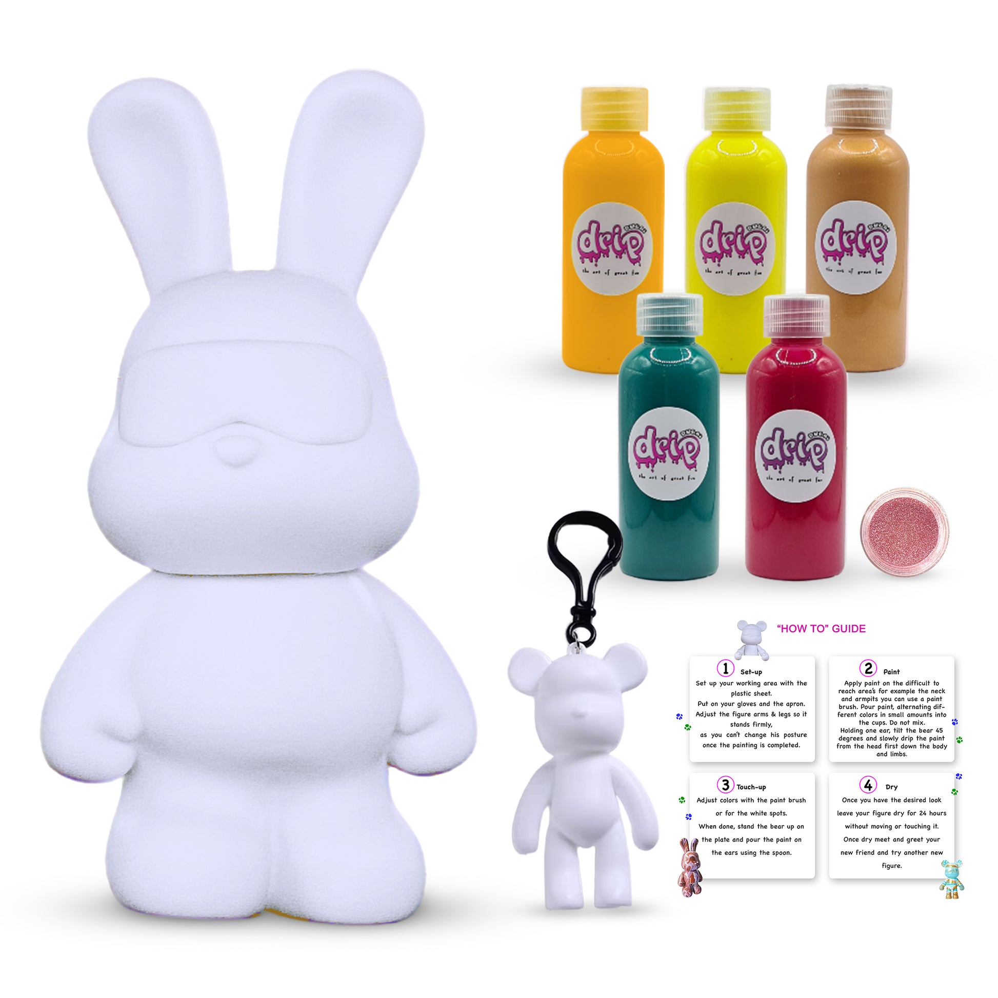“Cool Bunny Piggy Bank Kit – 33 cm ‘Sunset Garden’ DIY acrylic pour set with shimmering silver accents; includes 33 cm bunny piggy‑bank figure, five 60 ml acrylic paints (Orange, Lemon‑Yellow, Gold, Dark‑Green, Rose‑Red), glitter for sparkling finishes, plus apron, gloves, table sheet, clear cups, plate, pipette, spoon, and paintbrush—ideal for quick, mess‑free creative fun and thoughtful gifting for Ramadan, Eid, birthdays, housewarmings, gender reveals, or baby showers.”