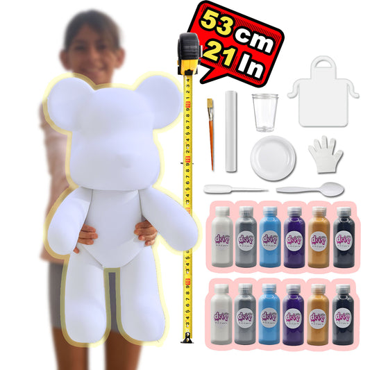 Bear Piggy Bank Kit – 53 cm “Magic Whirl” DIY acrylic pouring set with shimmering silver accents; includes bunny piggy-bank figure, 12 × 60 ml acrylic paints (white, silver, light-blue, dark-purple, gold, black), glitter, apron, gloves, table sheet, clear cups, plate, pipette, spoon, and paintbrush for mess-free creative fun and gifting.
